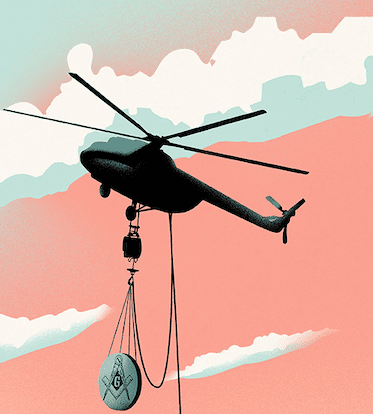Illustrated helicopter hoisting giant Masonic cufflink into the air.