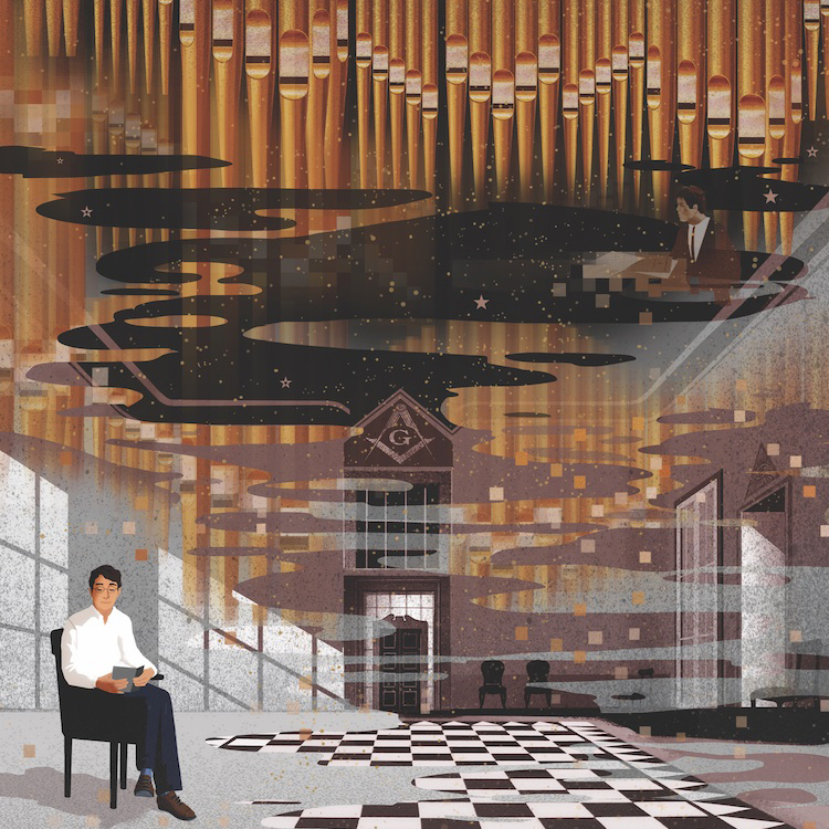 Ilustração do homem na sala da loja maçônica ouvindo órgão de tubos. A música de órgão é central para a Maçonaria e a experiência da Loja Maçônica. De Bach a Duke Ellington, muitos músicos famosos foram maçons.