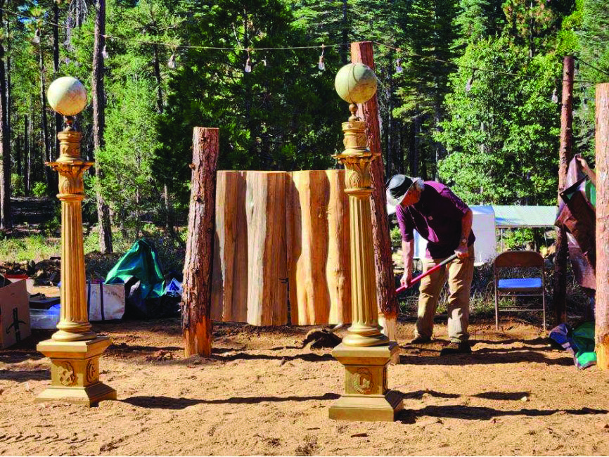 Members of Table Mountain No. 124 prepare for the outdoor degree by fashioning lodge-room paraphernalia out of trees felled during the 2018 Camp Fire. Photo courtesy of Manuel Sarmiento.
