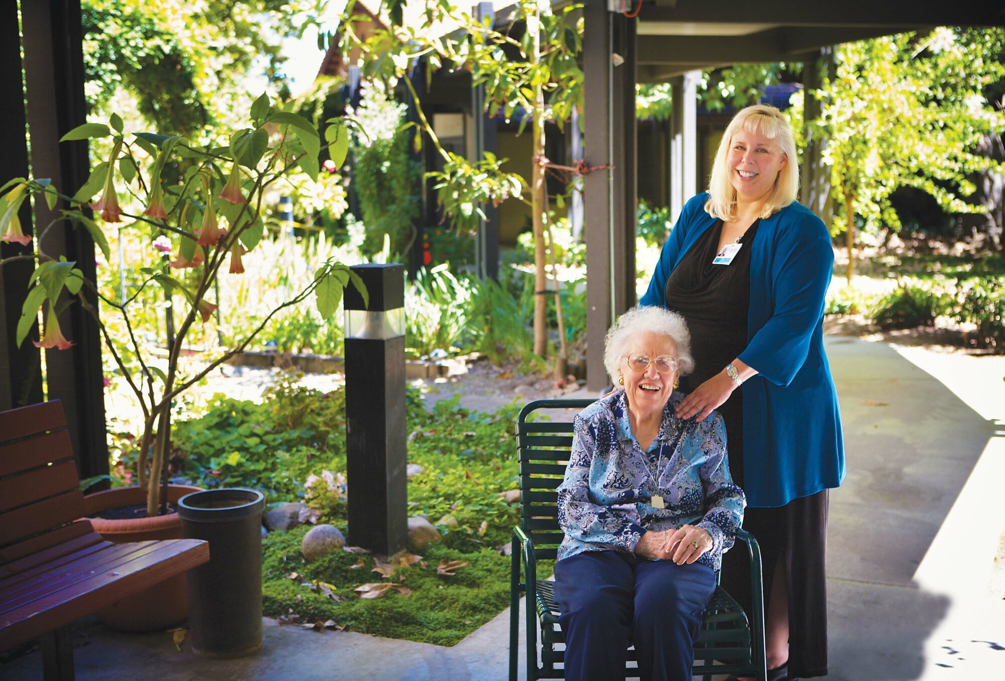 Former Masonic Outreach Services care manager Laura Strom and Mildred Oberg at the Masonic Homes in Covina.