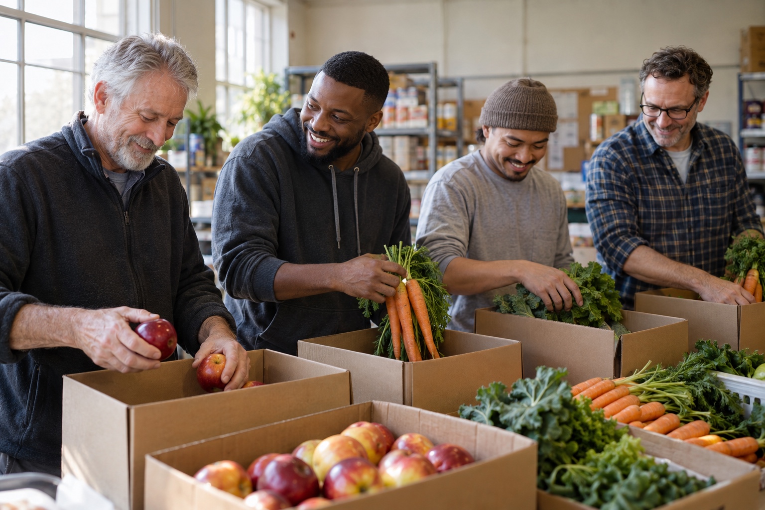 Volunteers chat at a food bank